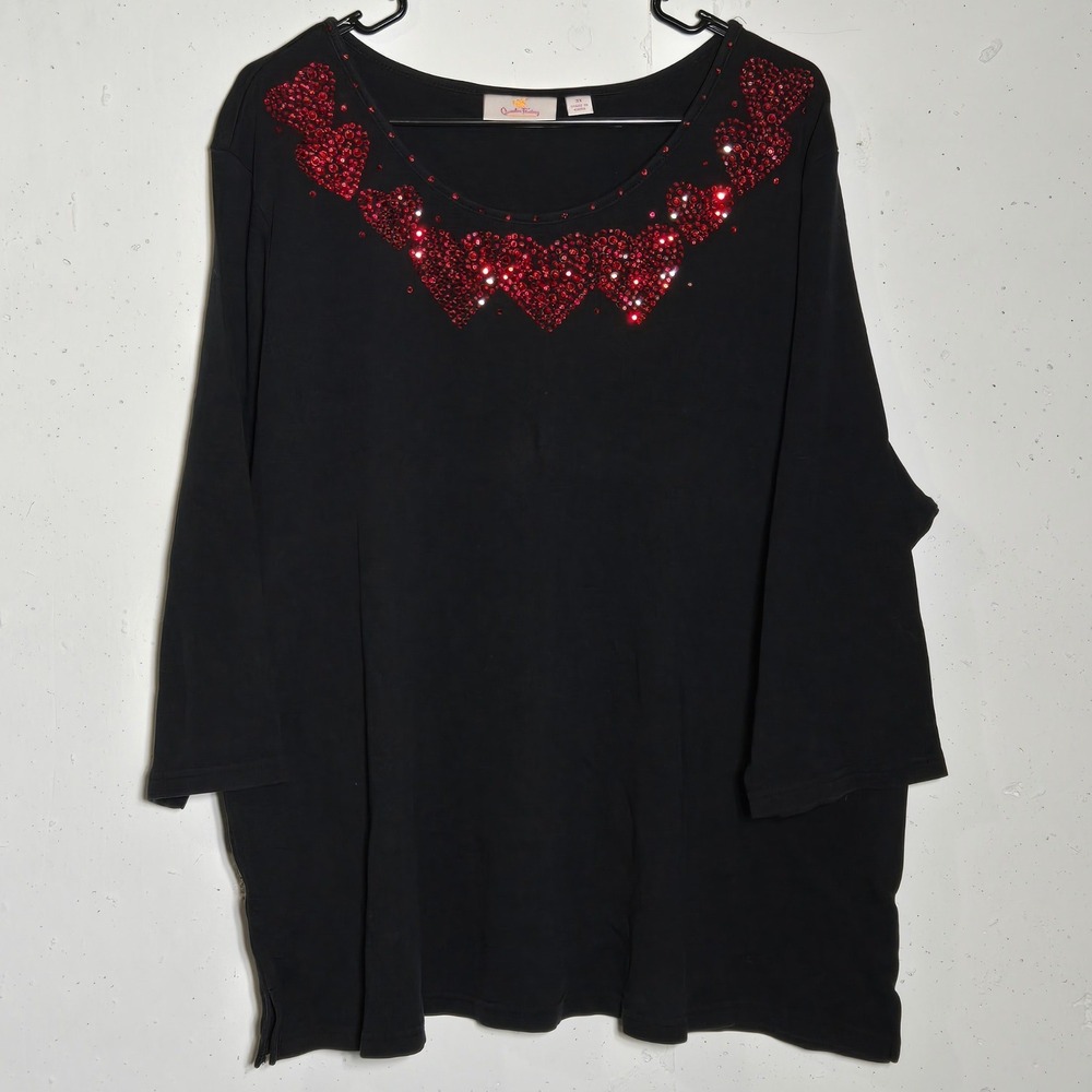 Quacker Factory Pave Heart 3/4 Sleeve Top Plus 3X Rhinestone Romantic Glam Bling